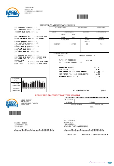 Download USA Florida Seco Energy business utility bill template in Word and PDF formats Photoshop template